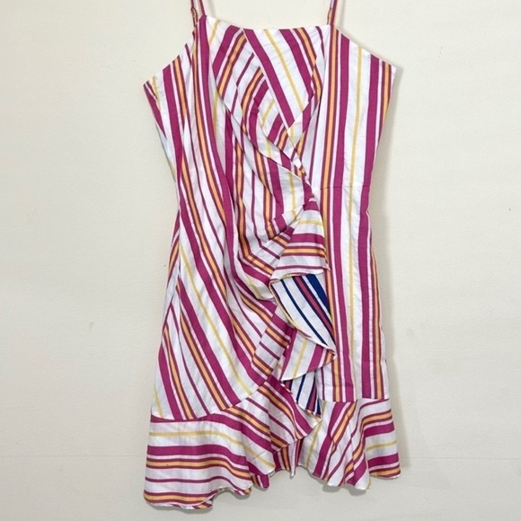 Parker Jay Striped Ruffle Front Sleeveless Pink & White Mini Dress SIZE MEDIUM - Picture 3 of 9